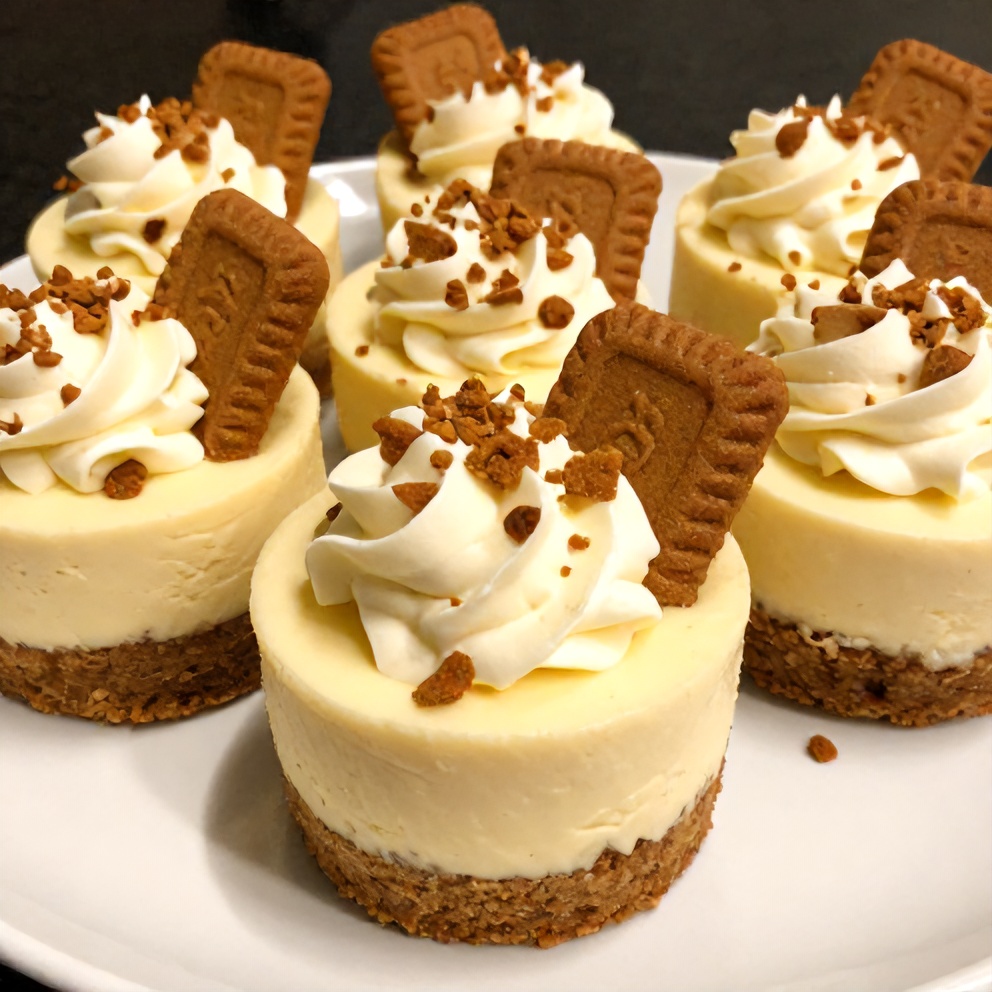Individual no-bake Biscoff cheesecake cups on a plate