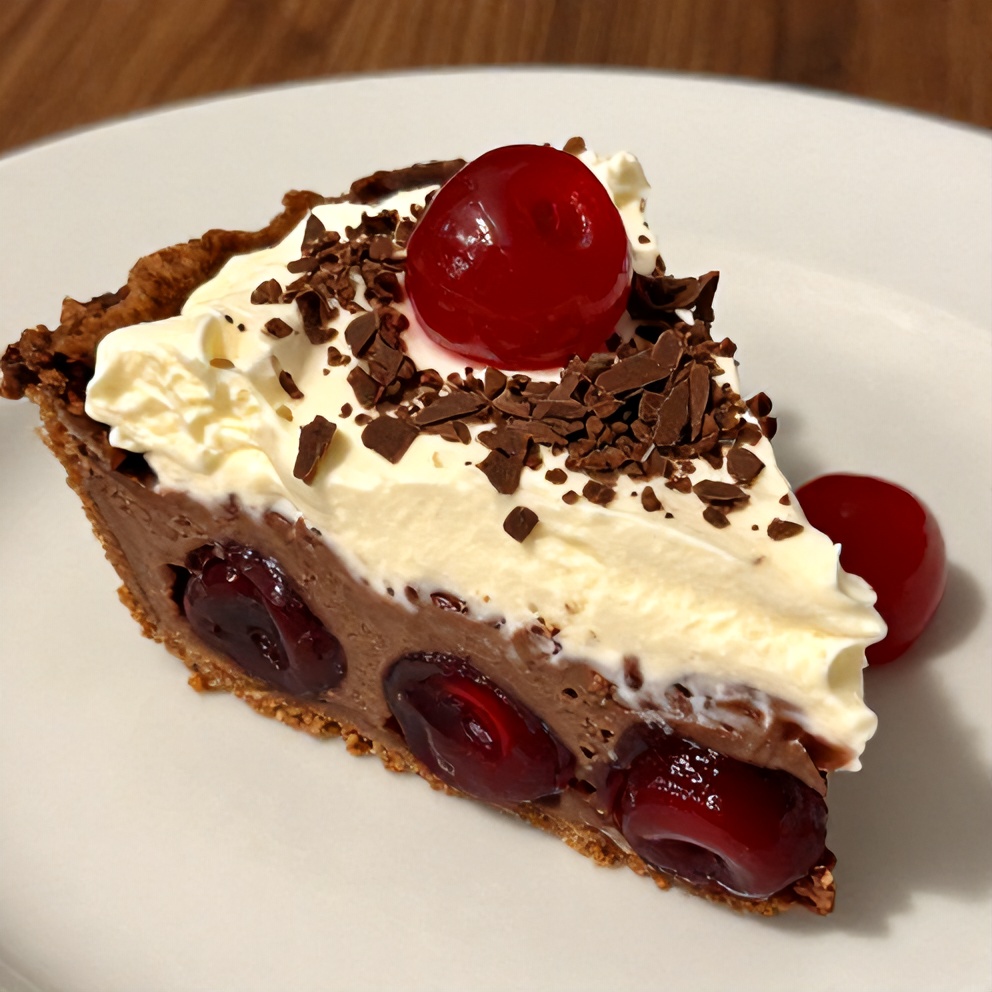 Sliced Easy No-Bake Chocolate Cherry Cream Pie on a dessert plate