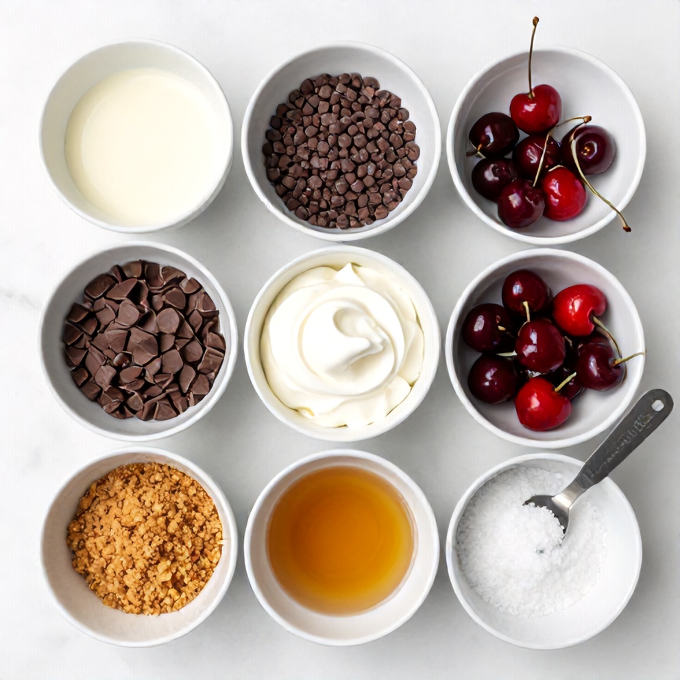 Raw ingredients for Easy No-Bake Chocolate Cherry Cream Pie on a marble surface