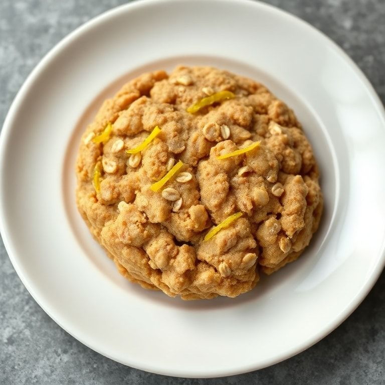Close-up of single lemon oatmeal cookie garnished with lemon zest on white plate with warm side lighting