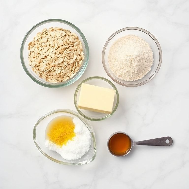 Overhead flat lay of ingredients including oats, lemon zest, powdered sugar, butter, and honey in small prep bowls
