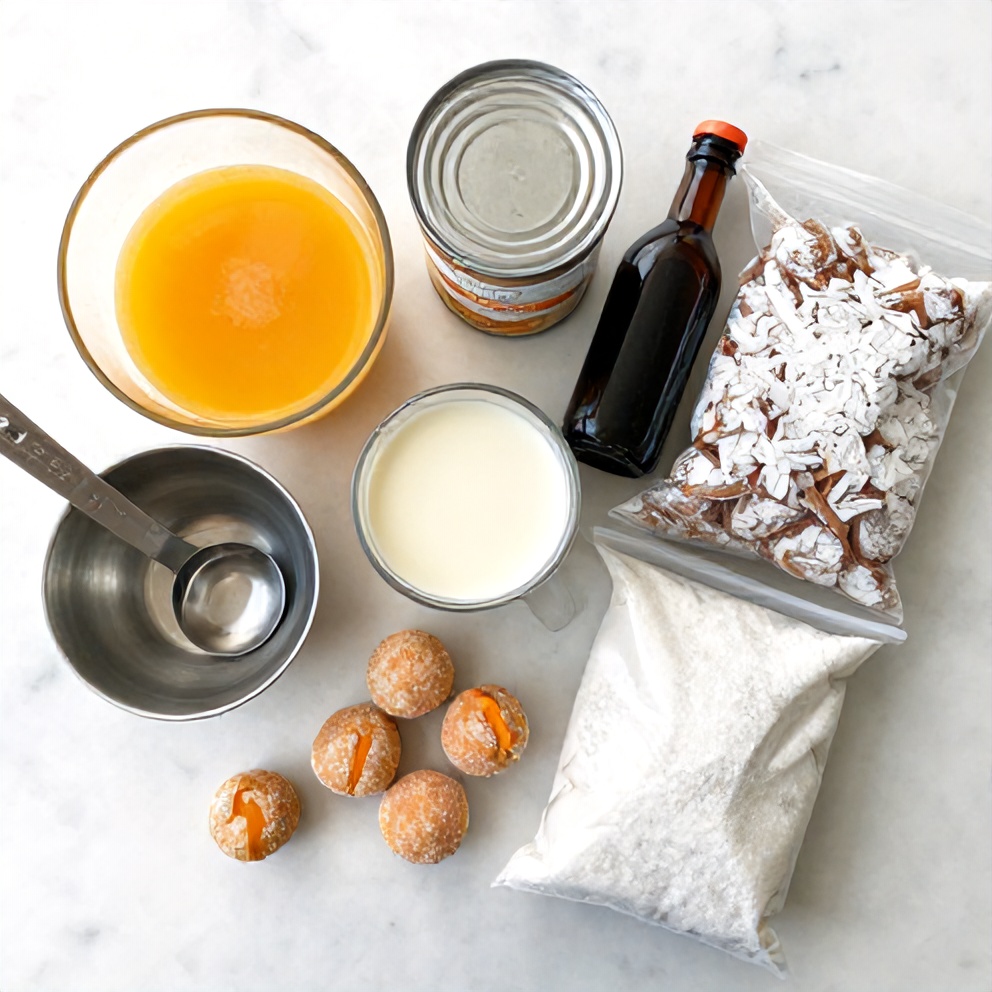 Ingredients for No Bake Orange Creamsicle Truffles on a marble surface