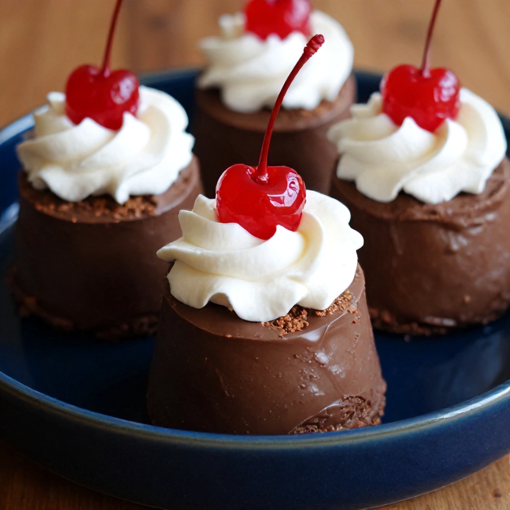 Plated No Bake S’mores Pudding Cups with whipped cream and a cherry on top
