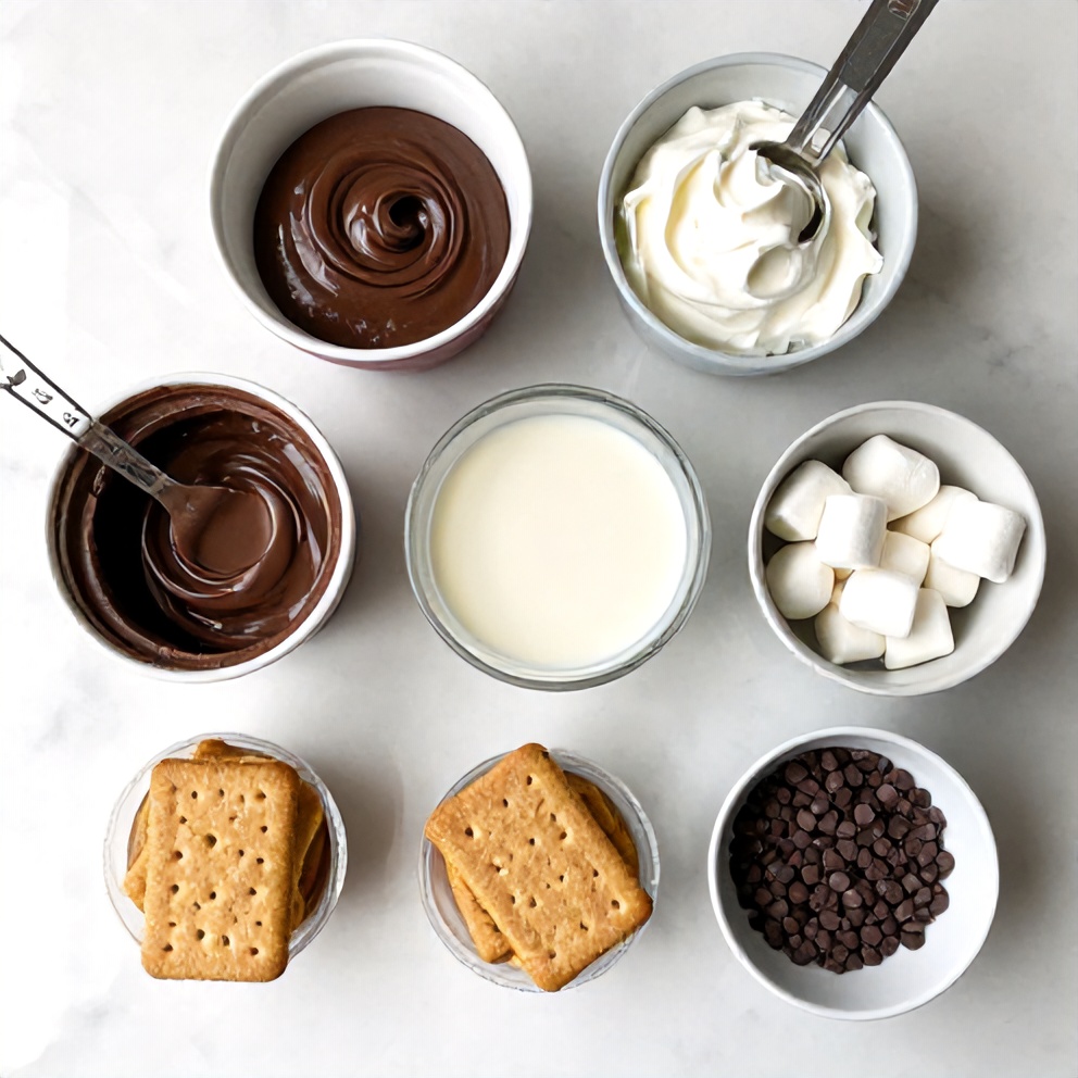 Raw ingredients for No Bake S’mores Pudding Cups: graham crackers, chocolate pudding mix, milk, heavy cream, marshmallows, and chocolate chips