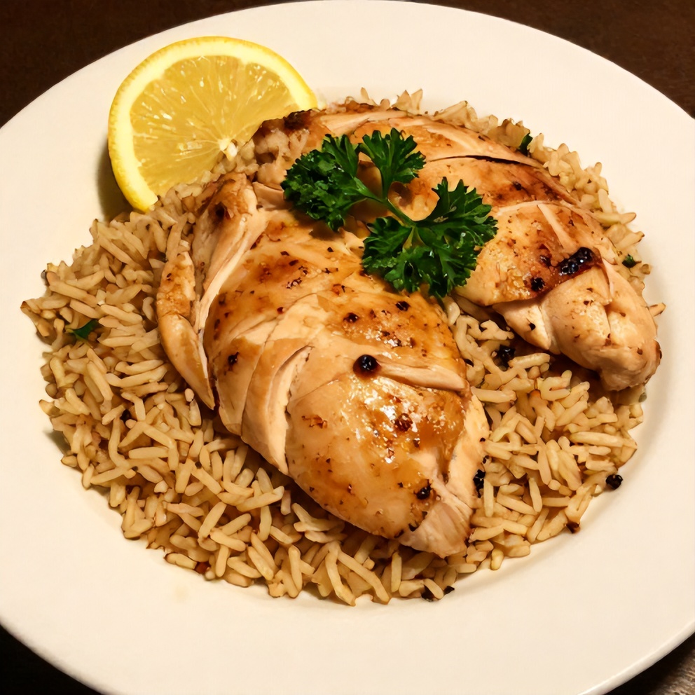 Plated One-Pan Lemon Chicken and Rice Dinner