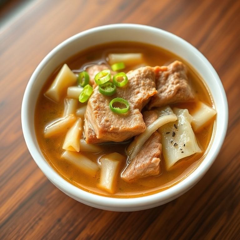 Plated serving of egg roll soup garnished with green onions in a white bowl