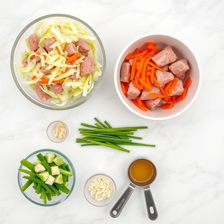 Raw ingredients for egg roll soup including ground pork, napa cabbage, carrots, green onions, and broth in prep bowls on marble surface