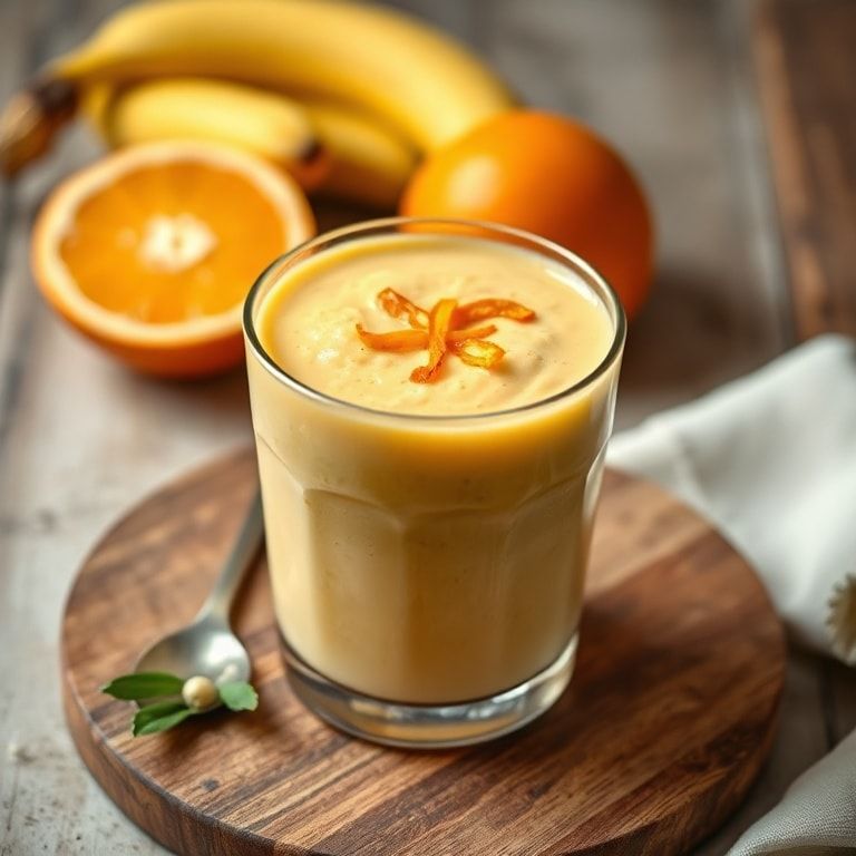 A clear glass bowl filled with orange banana smoothie topped with orange zest, sitting on a wooden table
