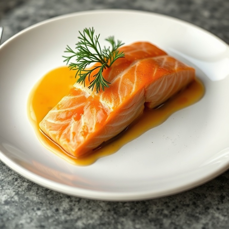 Sliced salmon on white plate with orange glaze, fresh dill garnish, warm side lighting, photorealistic food photography