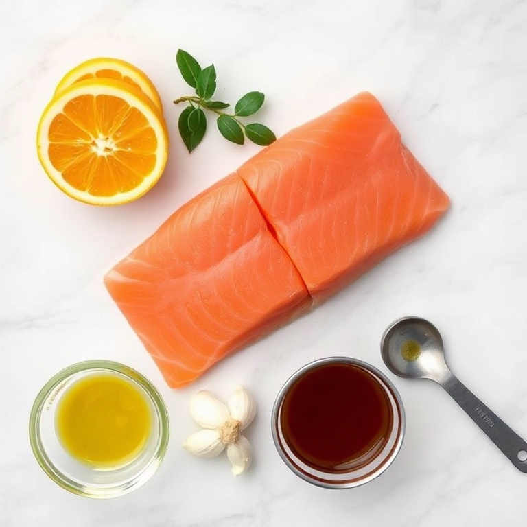 Raw salmon, orange, soy sauce, garlic, honey arranged in an overhead flat lay. Measuring cups and spoons nearby on white marble surface