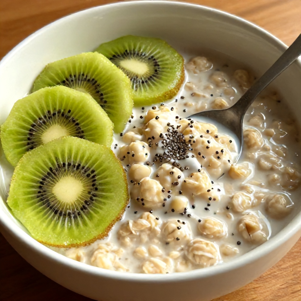 Bowl of overnight oats with kiwi slices and chia seeds, served with a spoon