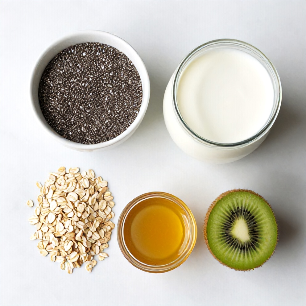 Oats, chia seeds, milk, kiwi, honey, and yogurt arranged on a wooden surface