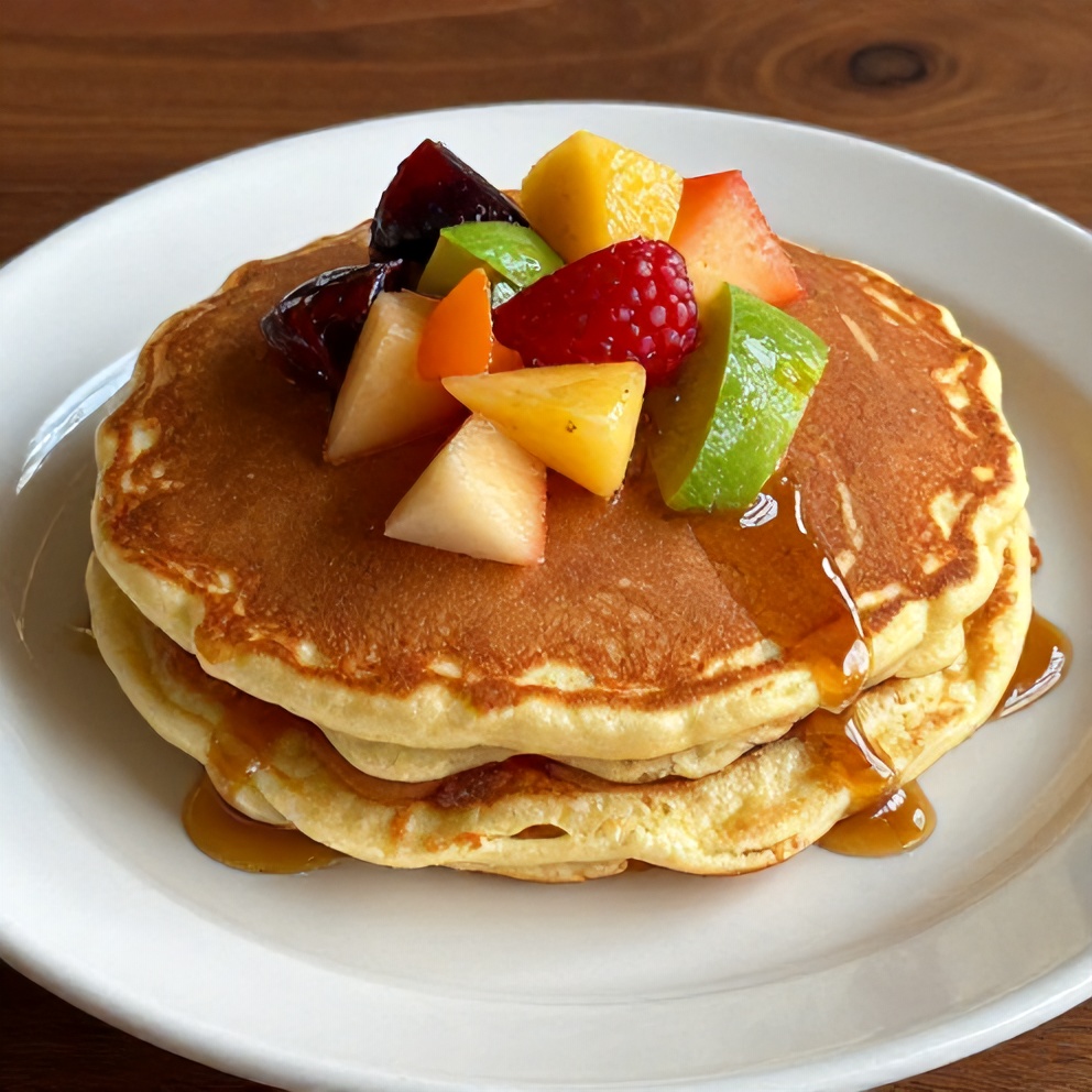 Plated serving of Easy Pancake Tacos with fresh fruit