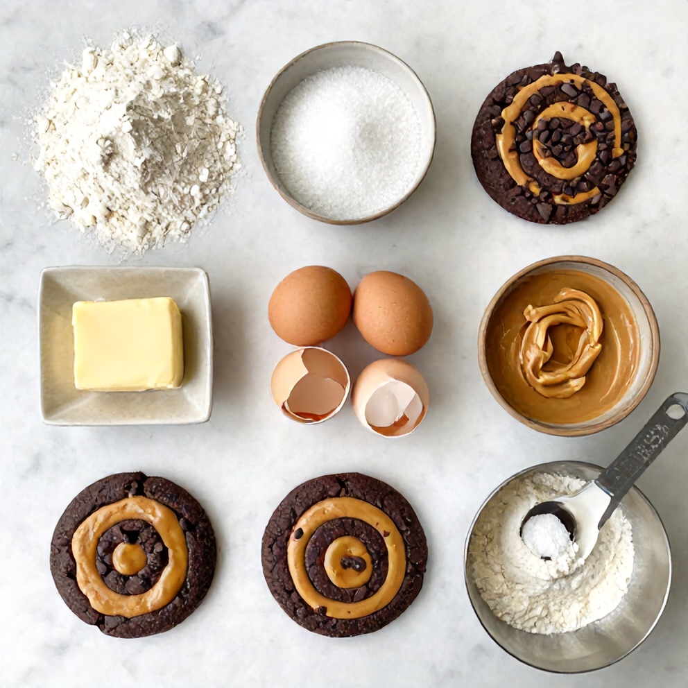 Raw ingredients for Peanut Butter Brownie Swirl Cookies on a white marble surface