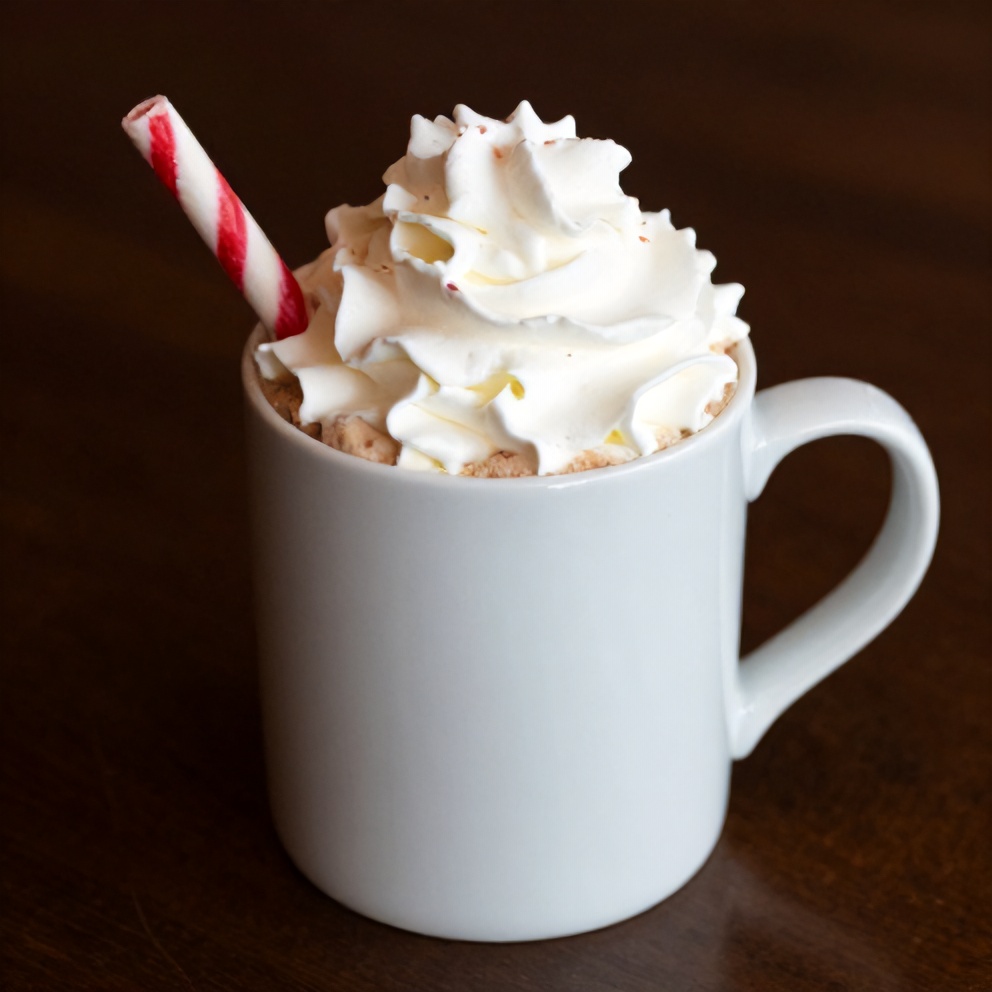A single serving of a peppermint mocha cocktail in a white mug with whipped cream and a peppermint stick. Warm side lighting shows texture. Photorealistic food photography. No text. No watermark.