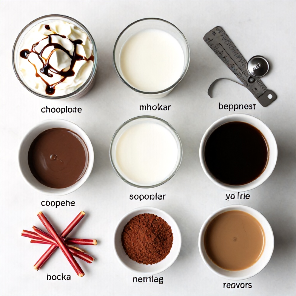 All raw ingredients for a peppermint mocha cocktail arranged in an overhead flat lay. Whipped cream, chocolate syrup, milk, coffee, and peppermint sticks visibly named. Measuring tools and bowls included. Bright even light. Photorealistic overhead food photography. No text. No watermark.