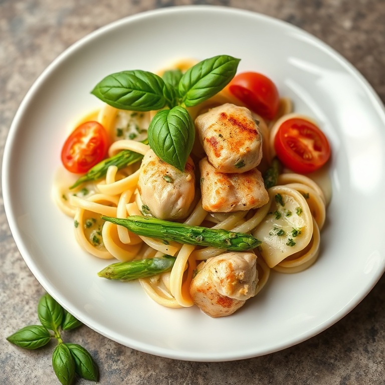 Plated serving of pesto chicken tortellini garnished with fresh basil on a white ceramic plate