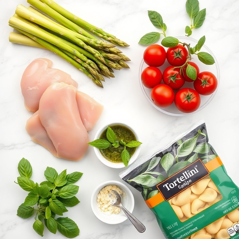 Overhead view of raw chicken, tortellini, asparagus, cherry tomatoes, and pesto sauce with measuring spoons