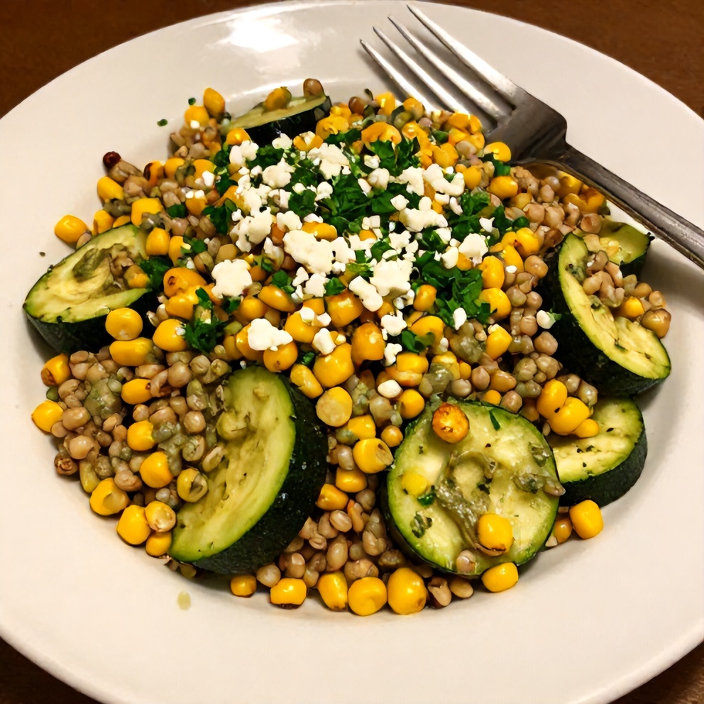 Pesto Zucchini Corn Quinoa Salad on a white plate with a fork