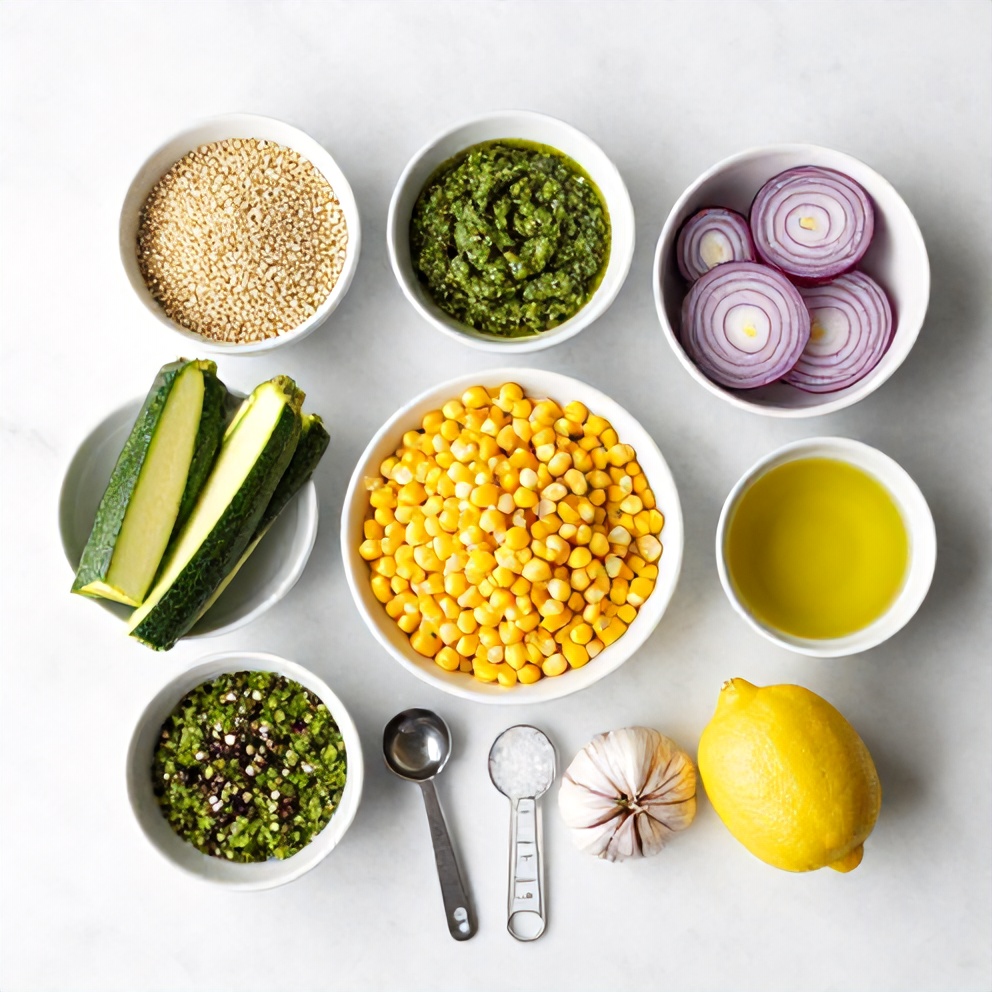 Raw ingredients for Pesto Zucchini Corn Quinoa Salad on a marble surface