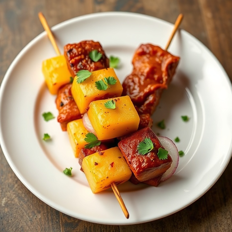 Perfectly plated Pineapple BBQ Pork Skewers. Pineapple and onion on skewers. Garnished with cilantro. White porcelain plate. Warm side lighting highlighting texture. Photorealistic food photography.
