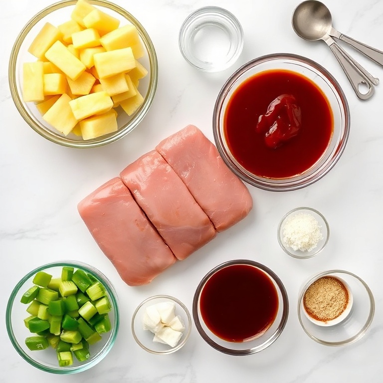 Raw ingredients for Pineapple BBQ Pork Skewers. Pork tenderloin, pineapple, onion, bell peppers, garlic, and barbecue sauce. Prep bowls, measuring spoons, and cups visible. White marble surface. Bright even light. Photorealistic overhead food photography.