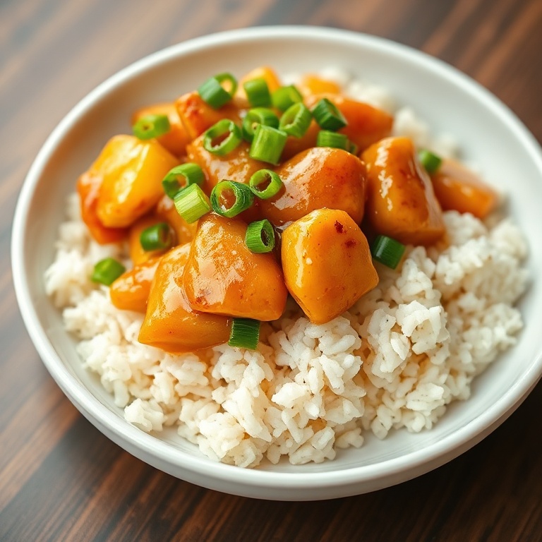 One serving of pineapple chicken and rice garnished with chopped green onions on a white bowl with warm side lighting