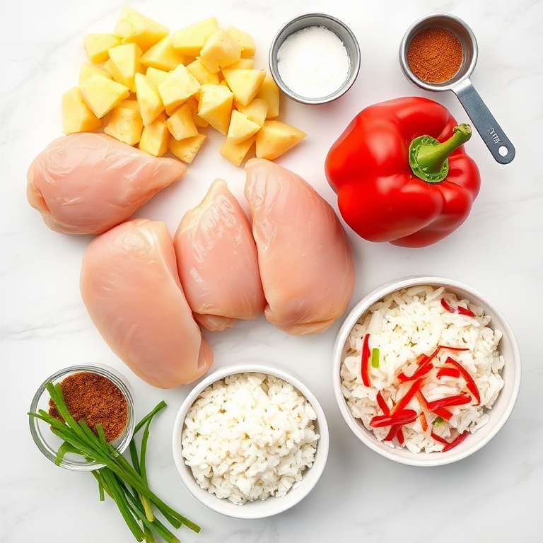 Raw ingredients for pineapple chicken and rice recipe including chicken breasts, fresh pineapple chunks, rice, bell peppers, and green onions arranged in bowls on white marble surface
