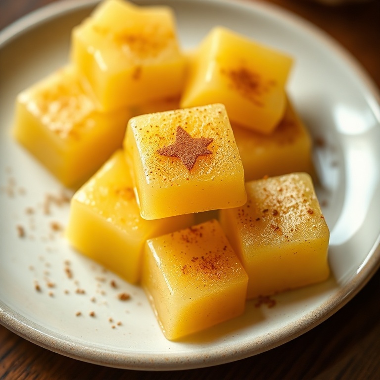 A plate of pineapple cowboy candy with a sprinkle of cinnamon and a side of fresh pineapple
