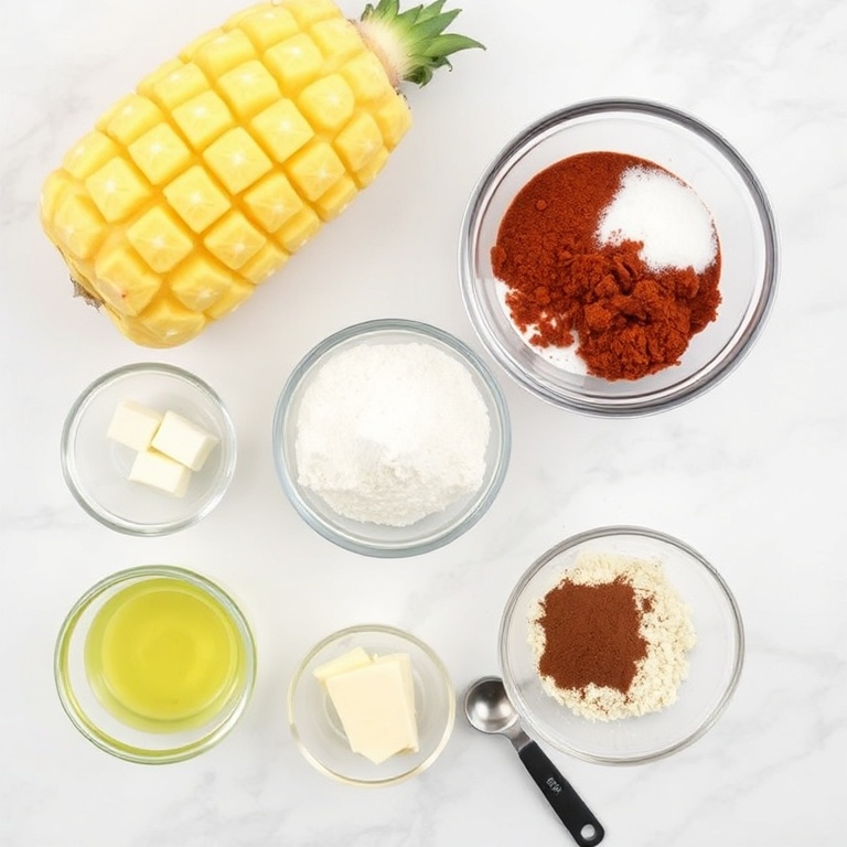 Raw ingredients for pineapple cowboy candy including pineapple, sugar, chili powder, butter, and cinnamon