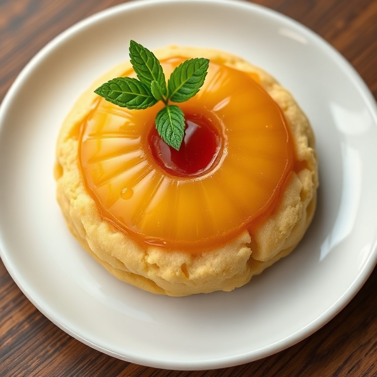 Single plated pineapple upside down sugar cookie garnished with small fresh mint leaves on white plate
