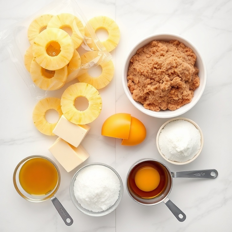 Overhead view of raw ingredients including brown sugar, pineapple rings, sugar cookie dough, butter, and eggs arranged on white marble surface