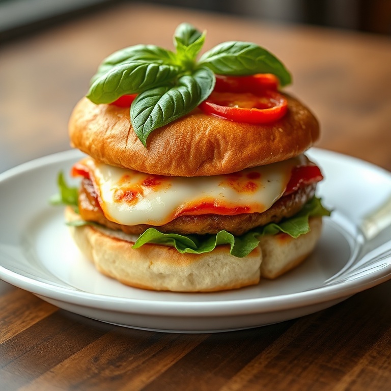 One perfect pizza burger on a white plate. Topped with fresh basil. Close crop showing melted mozzarella and pepperoni. Warm side lighting. Photorealistic food photography style.