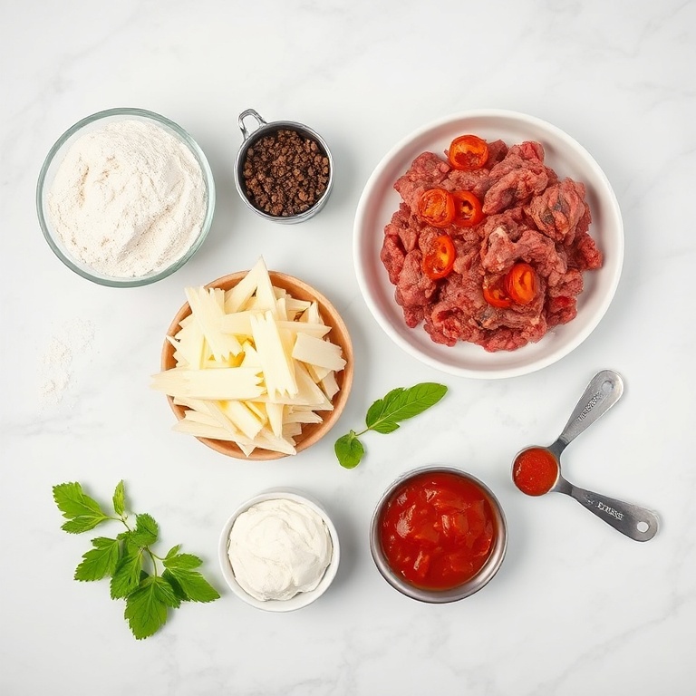 All raw ingredients for pizza burgers arranged as an overhead flat lay. Flour, ground beef, mozzarella, pepperoni, and pizza sauce clearly visible. Measuring spoons and cups nearby. White marble surface. Bright even light.