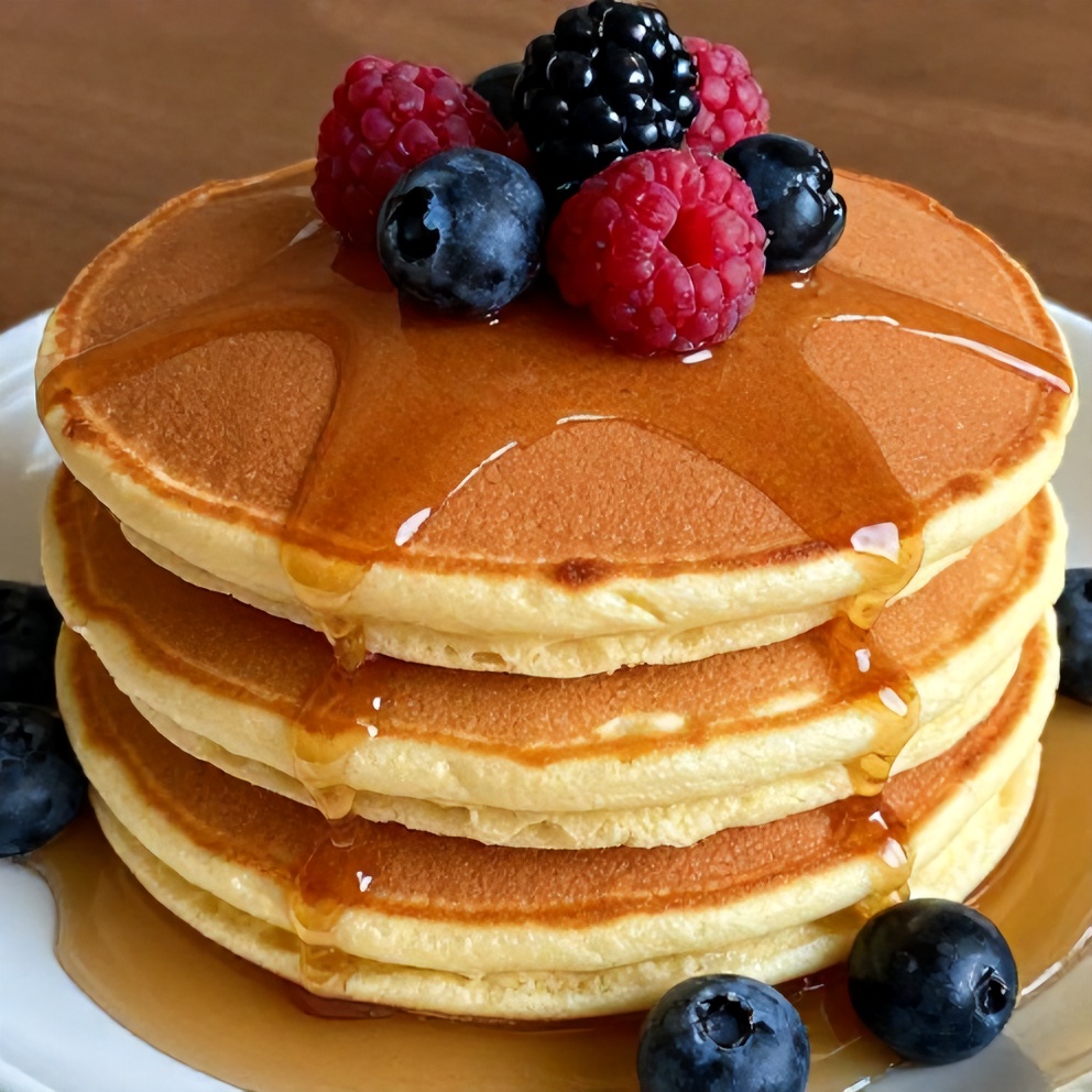 Stacked protein pancakes with syrup
