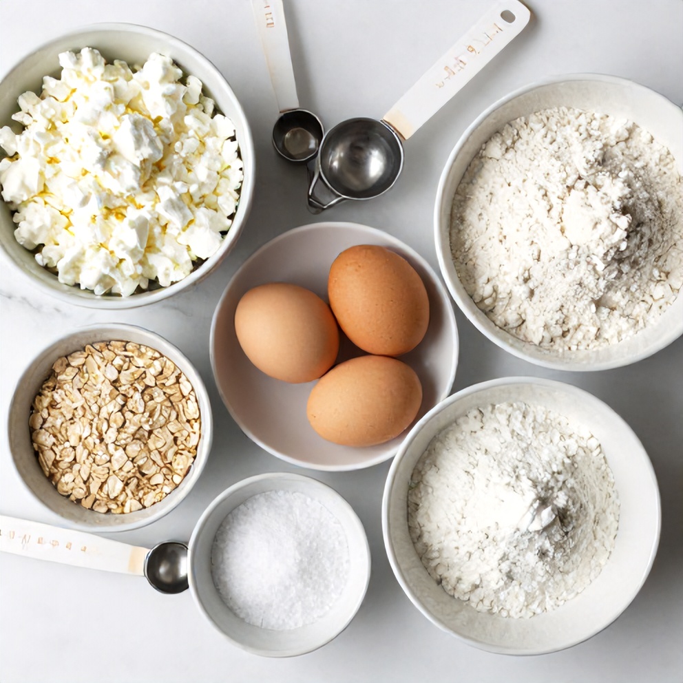 Cottage cheese, oats, eggs, and other ingredients for protein pancakes
