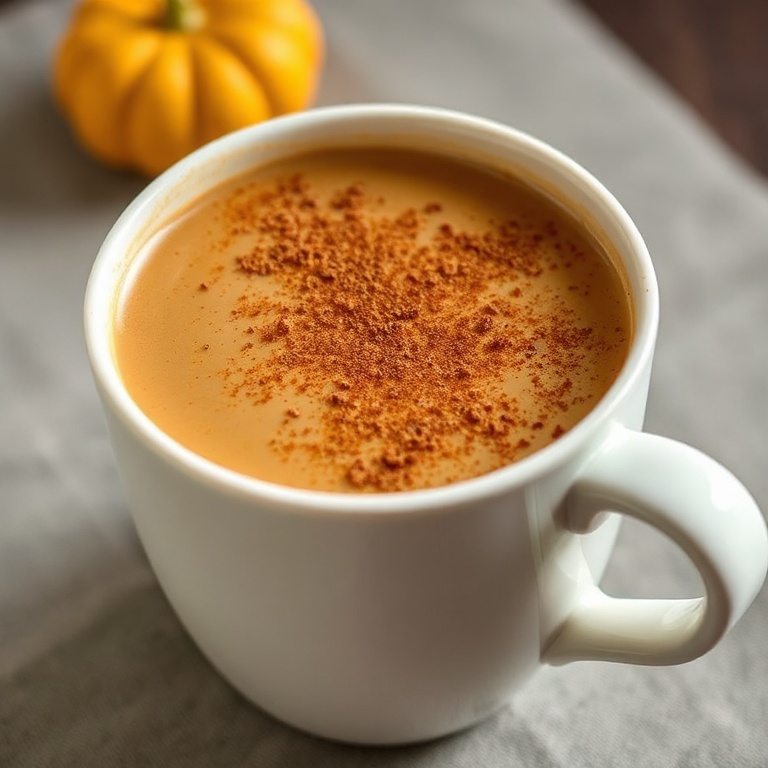 A single serving of pumpkin spice chai latte in a white mug. Cinnamon and nutmeg sprinkled on top. Warm side lighting shows texture. No text or watermark.