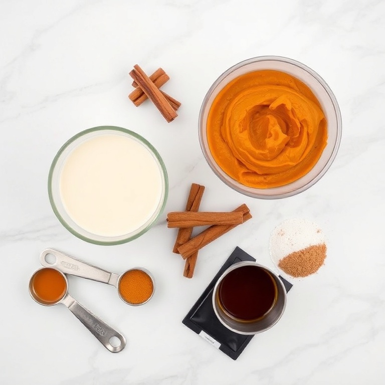 Overhead flat lay of raw ingredients for pumpkin spice chai: whole milk, pumpkin puree, black tea bags, cinnamon sticks, and ground nutmeg. Measuring spoons and cups visible. White marble surface. Bright even light.