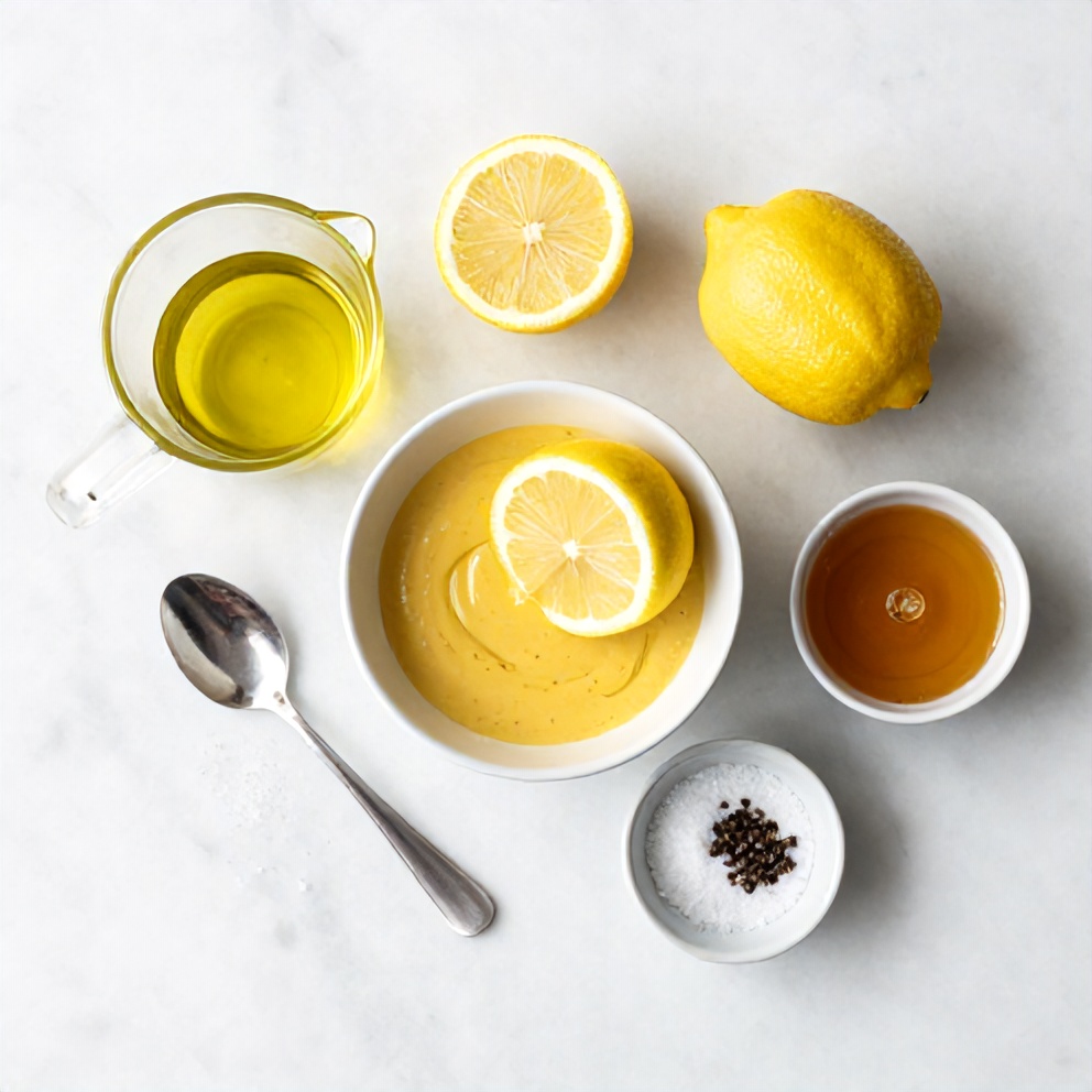 Lemon, olive oil, Dijon mustard, and other ingredients for lemon vinaigrette laid out on a wooden surface