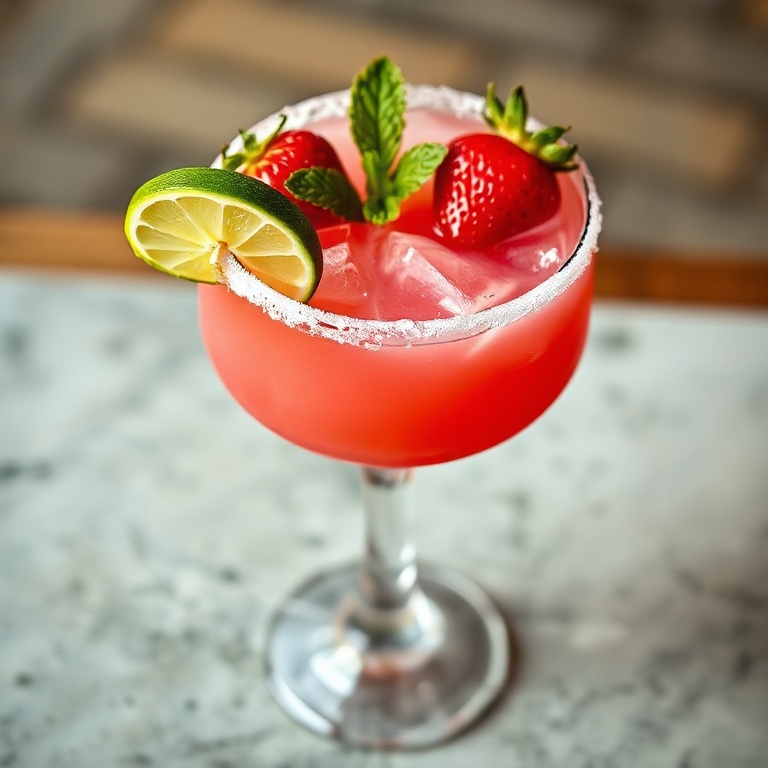 A perfectly plated Raspberry Coconut Margarita in a salt-rimmed glass. A slice of lime sits on the rim. Fresh strawberries float on top. A sprig of mint adds color. The glass is filled with a vibrant pink drink. Warm lighting highlights the textures. The drink looks refreshing and inviting.