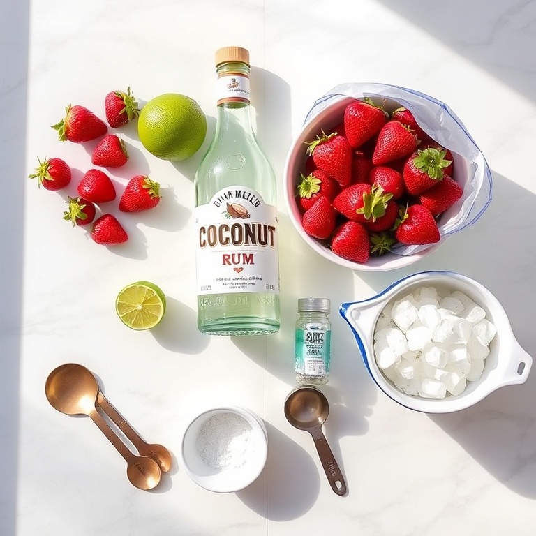 All raw ingredients for a Raspberry Coconut Margarita arranged in a flat lay. Fresh strawberries, a lime, a coconut bottle, a bottle of rum, a bag of ice, and a salt shaker. Measuring spoons and a mixing bowl sit nearby. The ingredients are neatly laid out. Natural light highlights the colors. A white marble surface reflects the ingredients clearly.