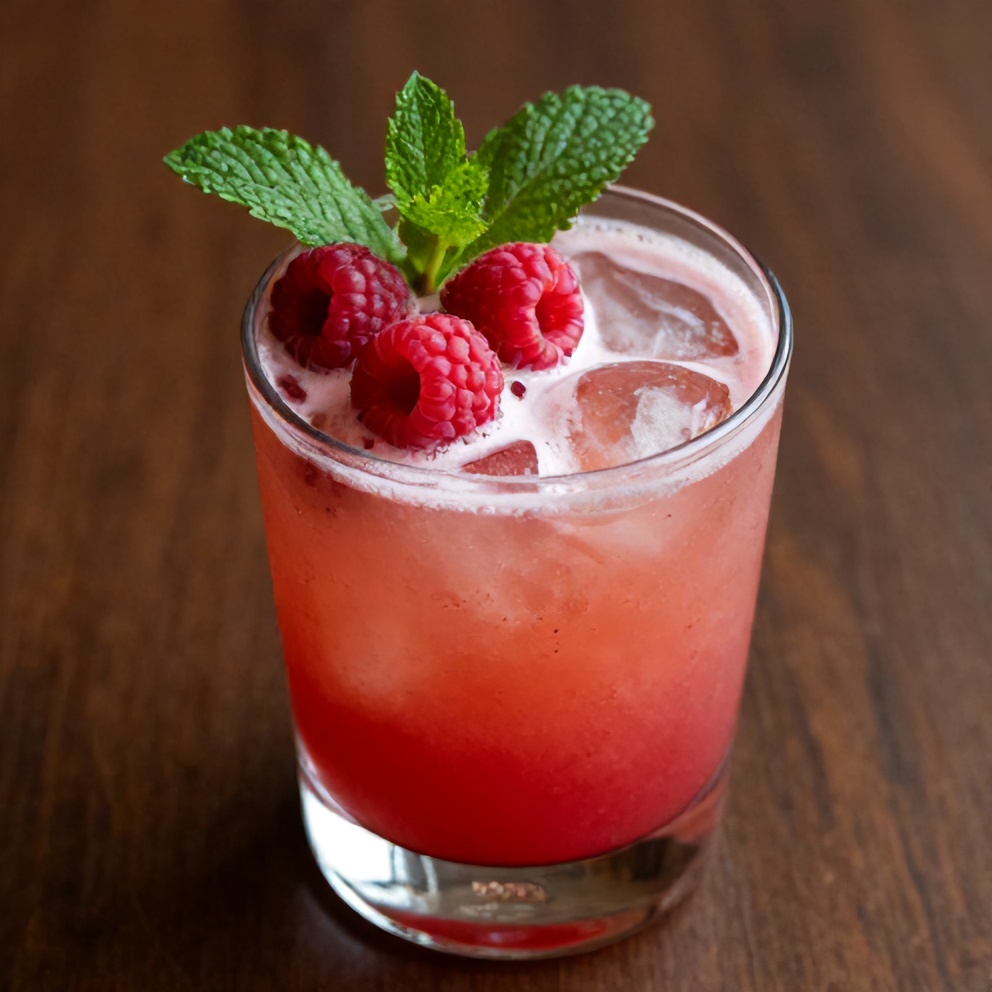 Raspberry Moscato Cocktail garnished with raspberries and mint leaves in a glass