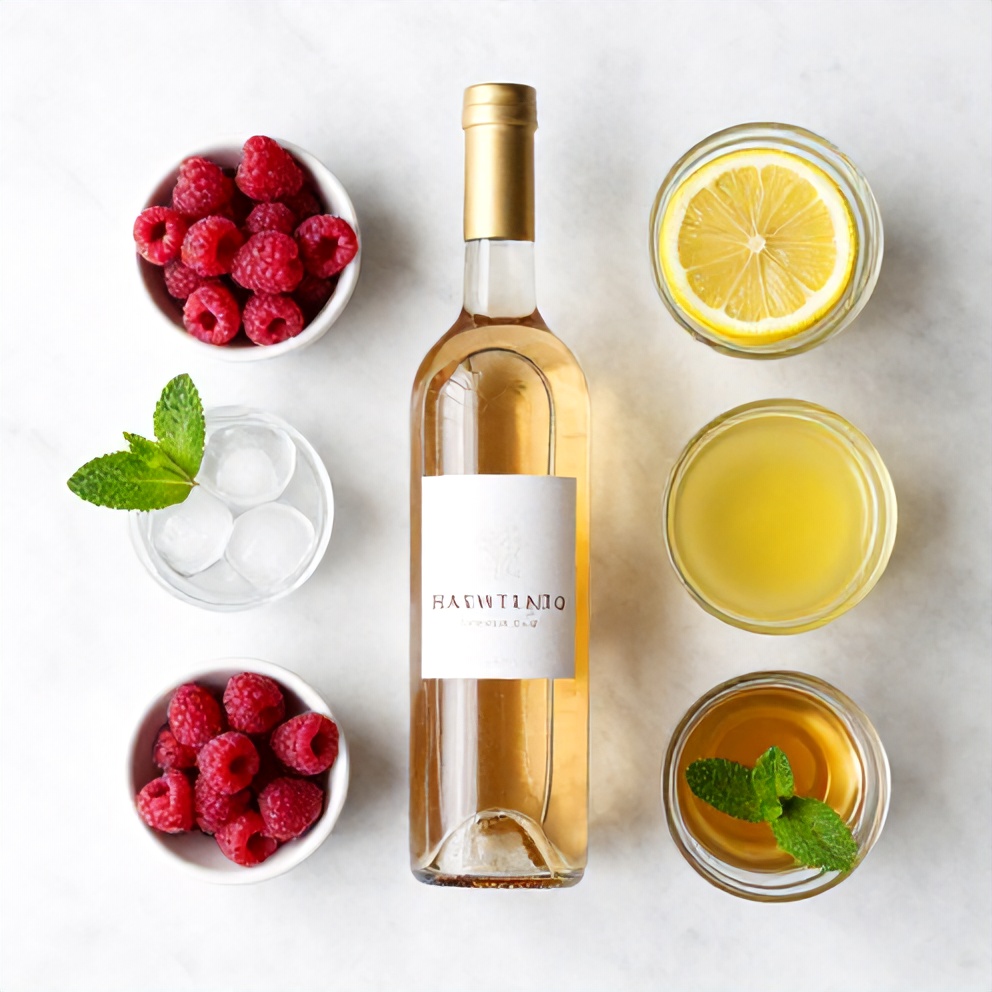 Raspberries, moscato wine, lemon juice, simple syrup, ice, and mint leaves arranged on a wooden surface