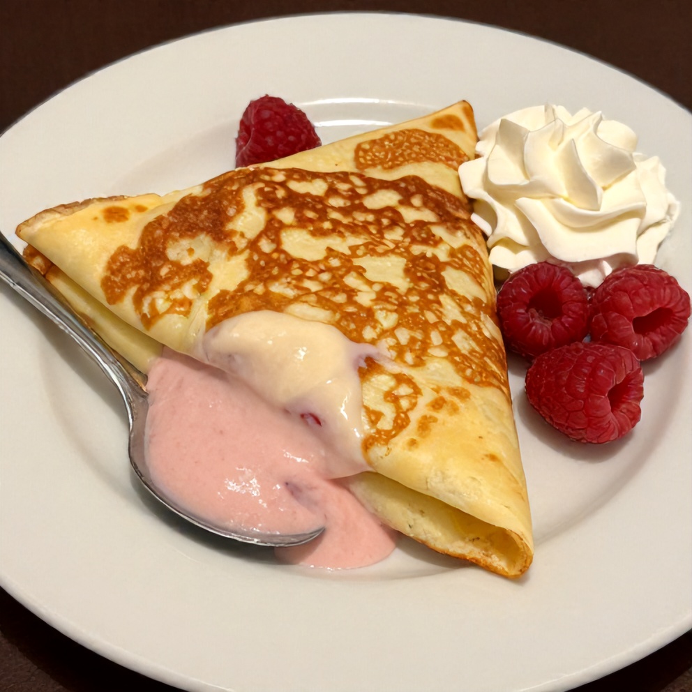 Plated Raspberry Vanilla Cream Crepes