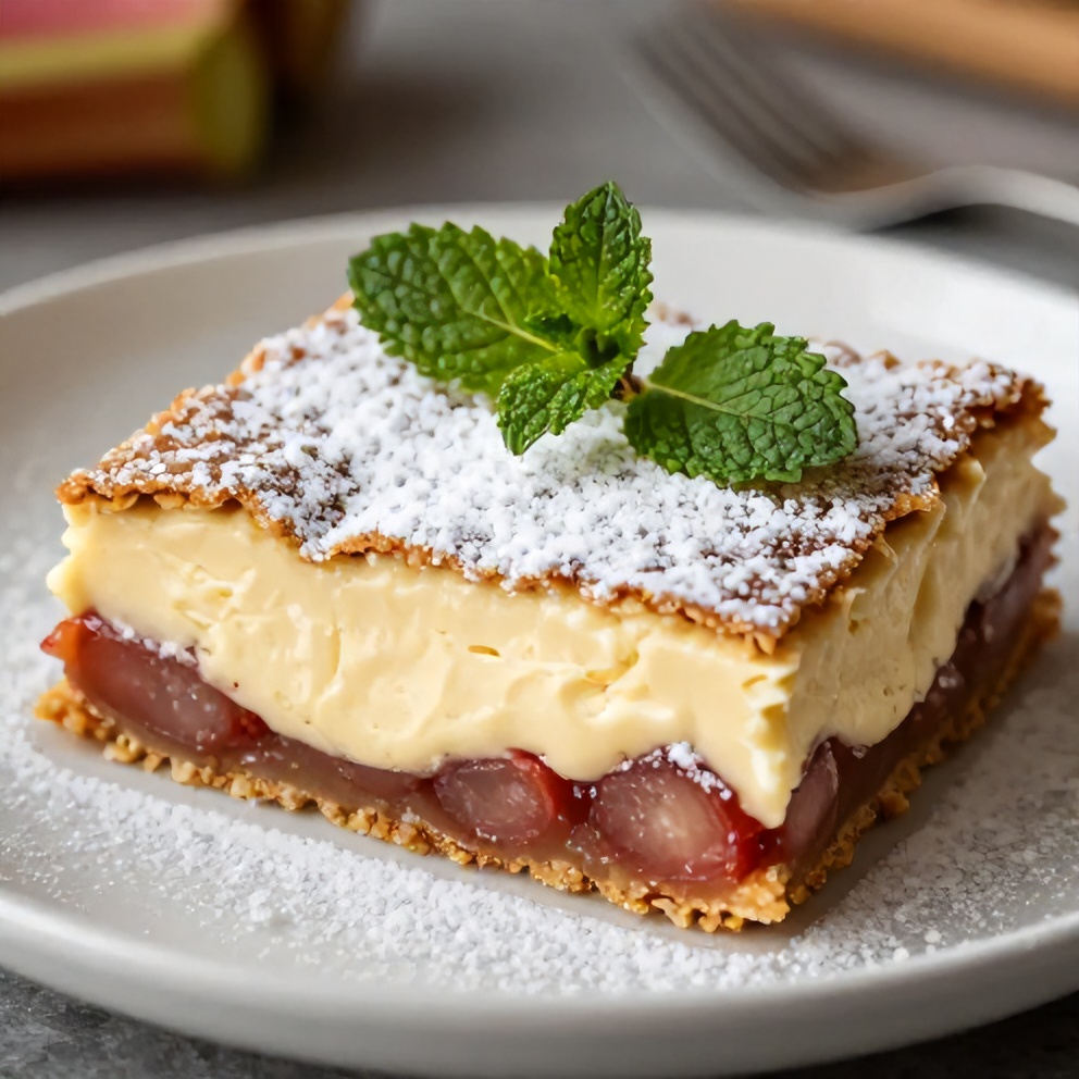 Easy Rhubarb Cream Cheese Bars ready to serve