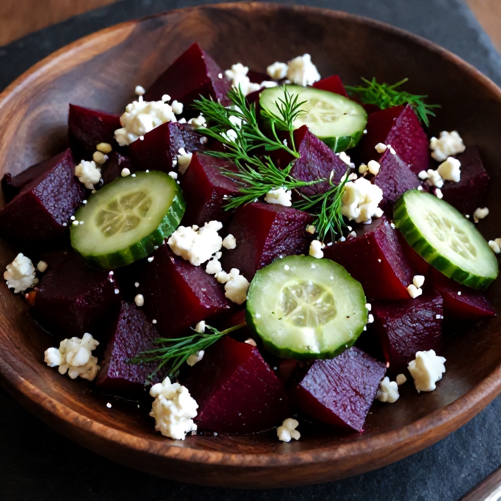 Easy Roasted Beet Salad with Feta and Cucumber plated