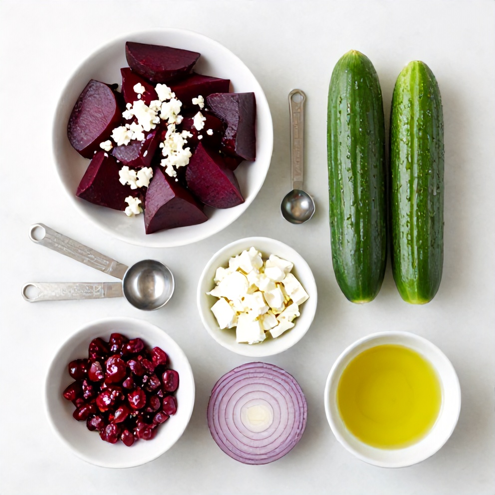 Ingredients for Easy Roasted Beet Salad with Feta and Cucumber