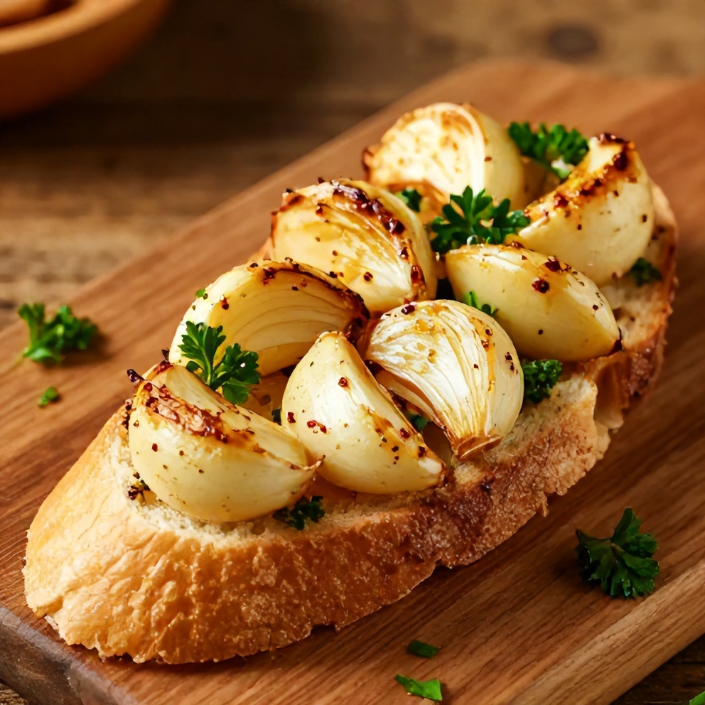 Roasted garlic cloves on a wooden board, ready to be squeezed onto bread