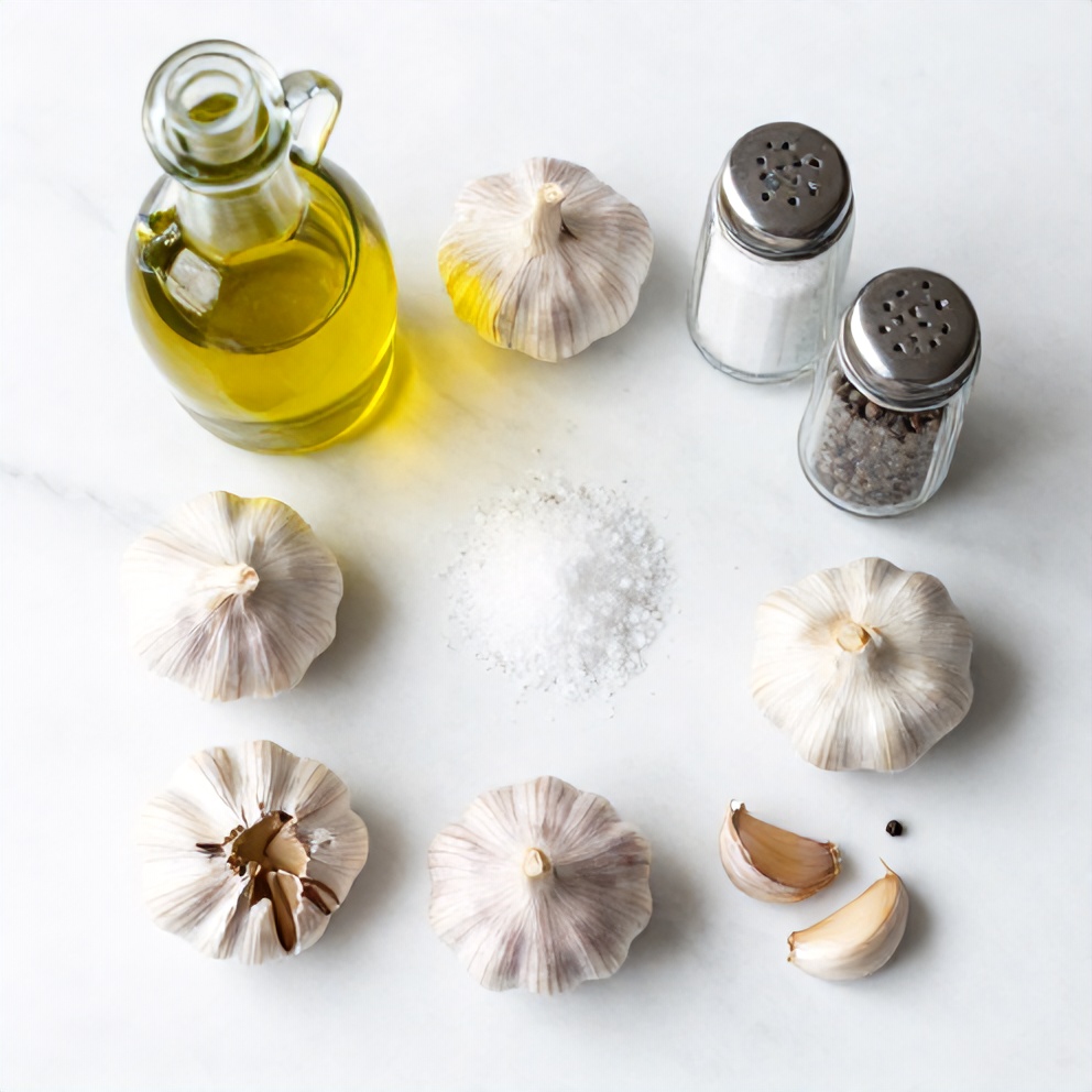 Raw garlic bulbs, olive oil, salt, and pepper arranged on a white marble surface