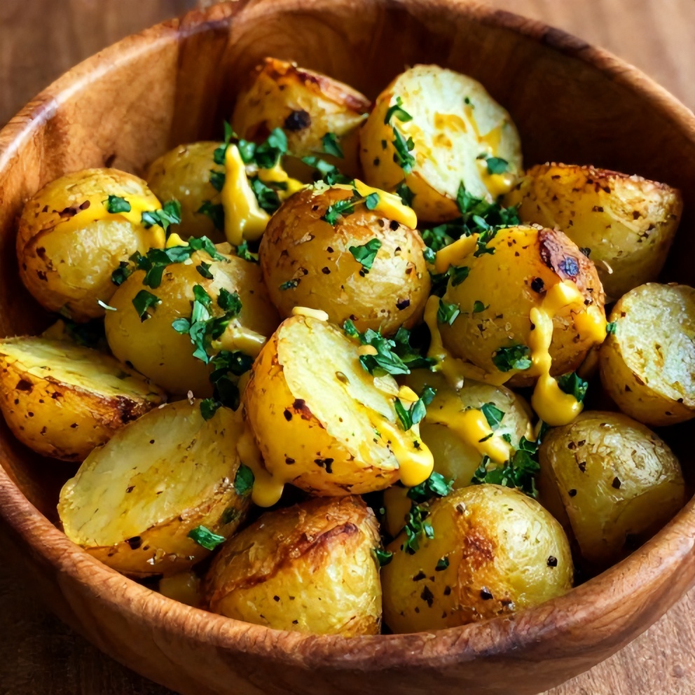 Plated roasted potato salad with fresh herbs